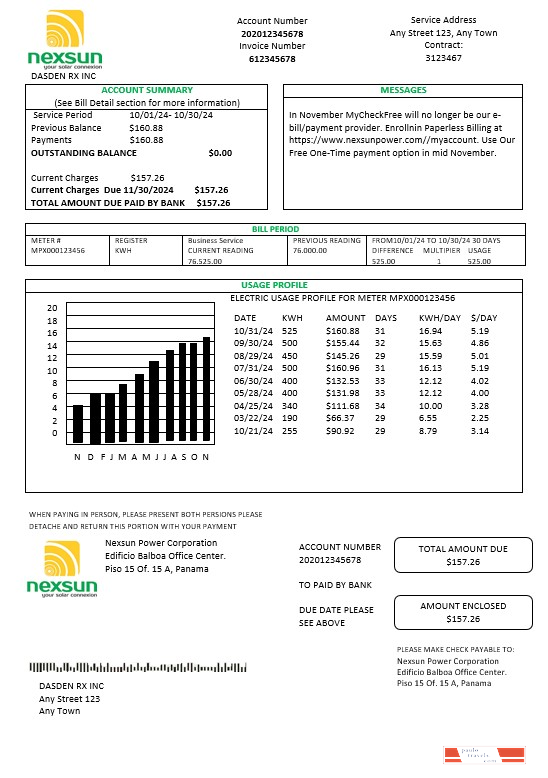 Panama Nexsun Power Corporation electricity business utility bill Word and PDF template PSD template